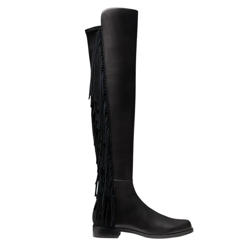 Stuart Weitzman 5050 Fringe Over The‎ Knee Boot Black Nappa Leather Size 7